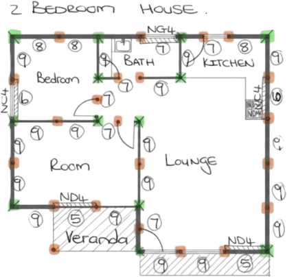 Hand-drawn floor plan of a two-bedroom precast house with a veranda, marked with pole and slab positions