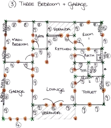 Hand-drawn floor plan of a three-bedroom precast house with a garage, marked with pole and slab positions