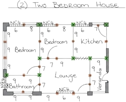 Hand-drawn floor plan of a two-bedroom precast house, marked with pole and slab positions
