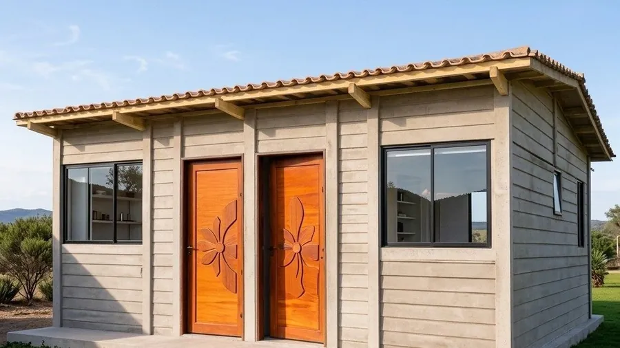 Precast unit with custom carved twin timber doors under a timber-trimmed roof edge