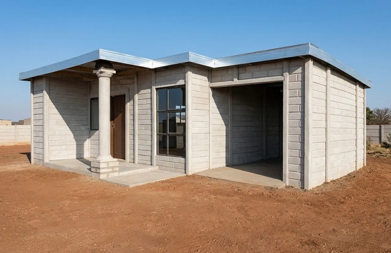 Precast house shell with a columned entrance porch, an open garage bay and a covered veranda, standing on red earth